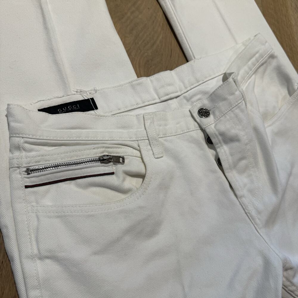 Gucci GG White Denim Jeans Men's 50 Skinny Zipper Red Green Stripe Button Fly